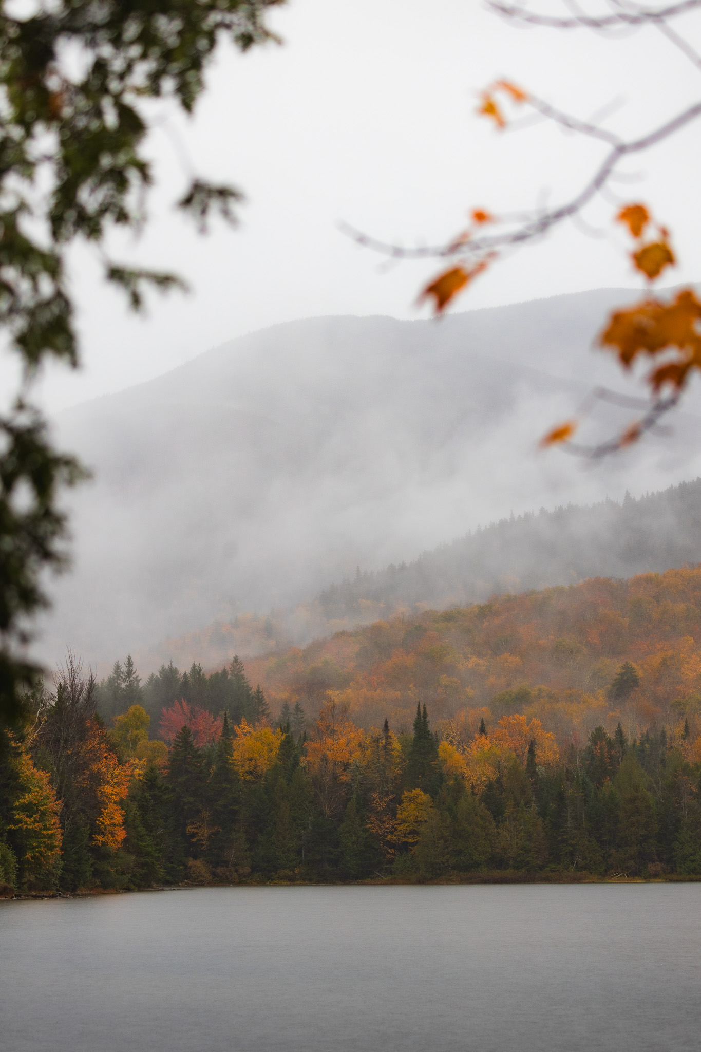 Foggy layers of fall foliage at Heart Lake