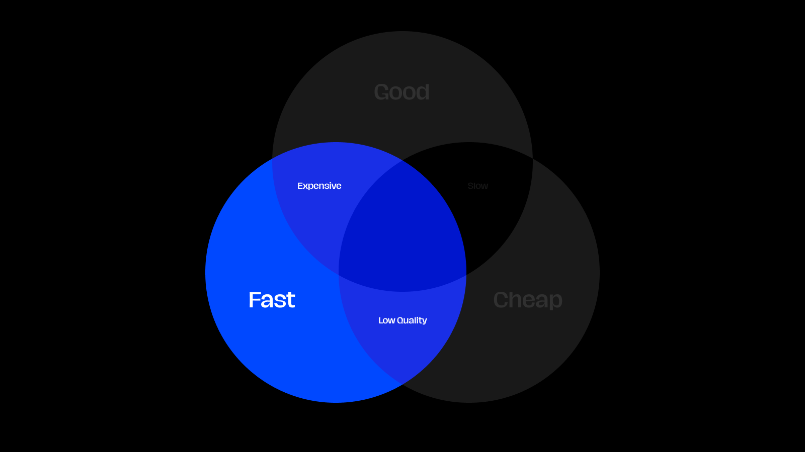 A circle encompassing Fast, Expensive, and Low Quality