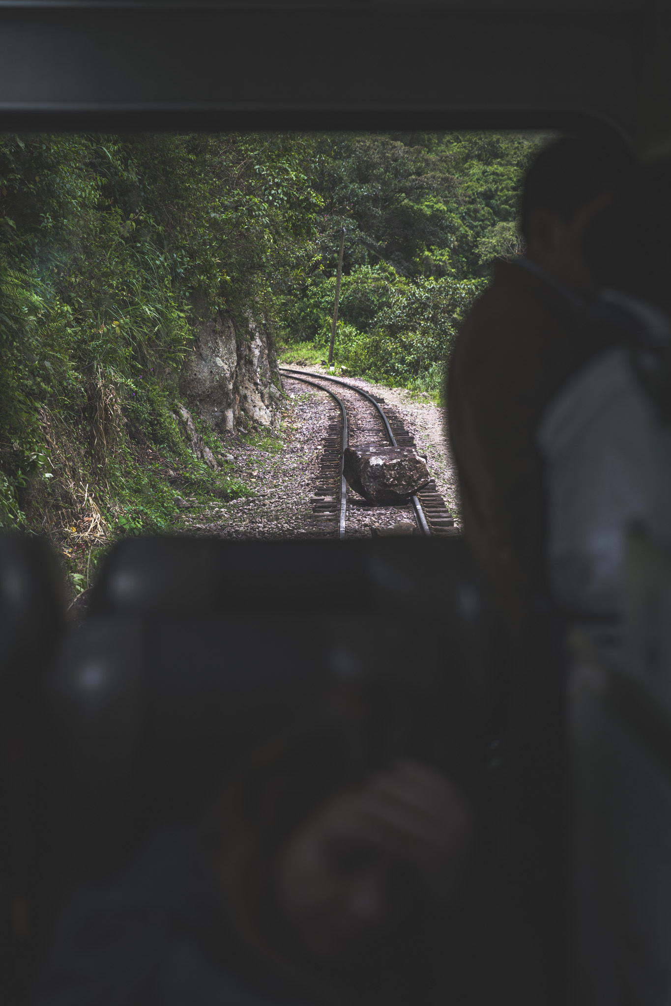 A boulder on the train tracks on the way from Aguas Calientes to Ollantaytambo